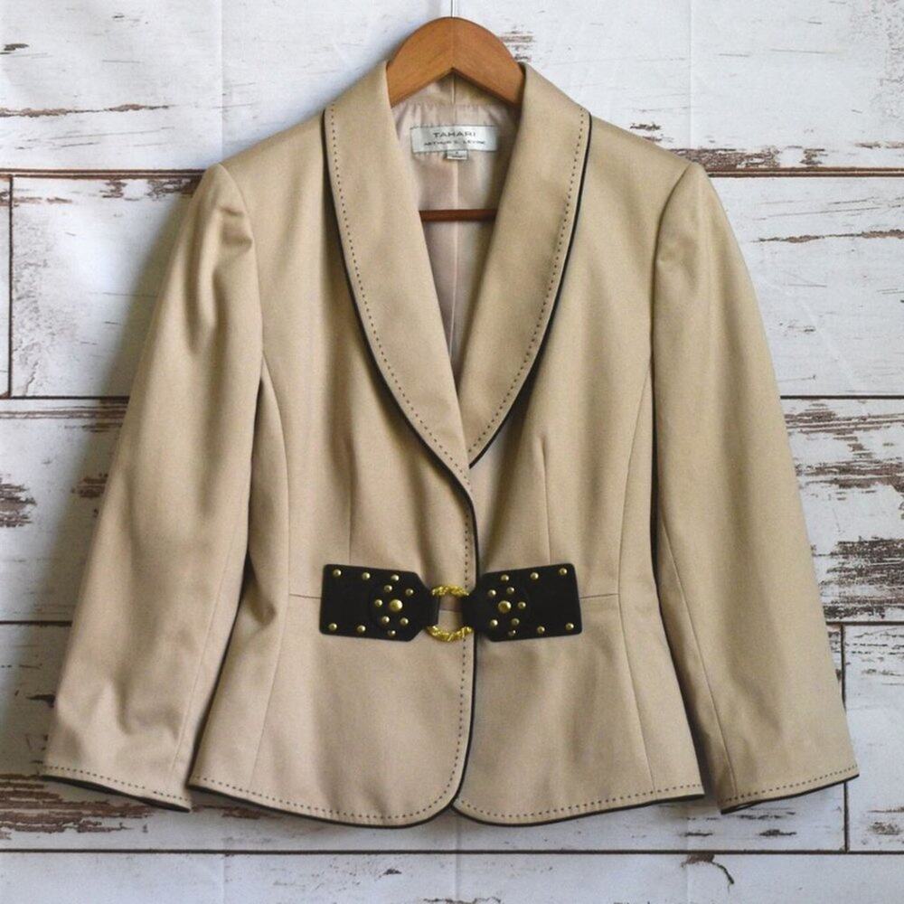 TAHARI ARTHUR S. LEVINE Women's Studded Closure Stitch Trim Blazer Size 4